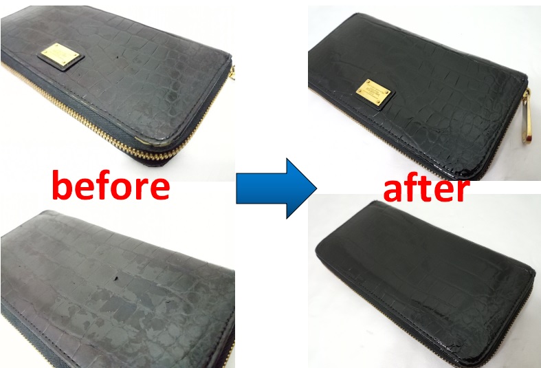 ルイヴィトン　エナメル　クロコダイル財布の補色、エナメル塗料した修理事例