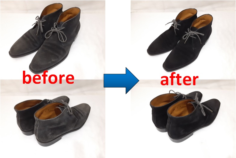 スエード起毛革　靴の染め直し補色した修理事例
